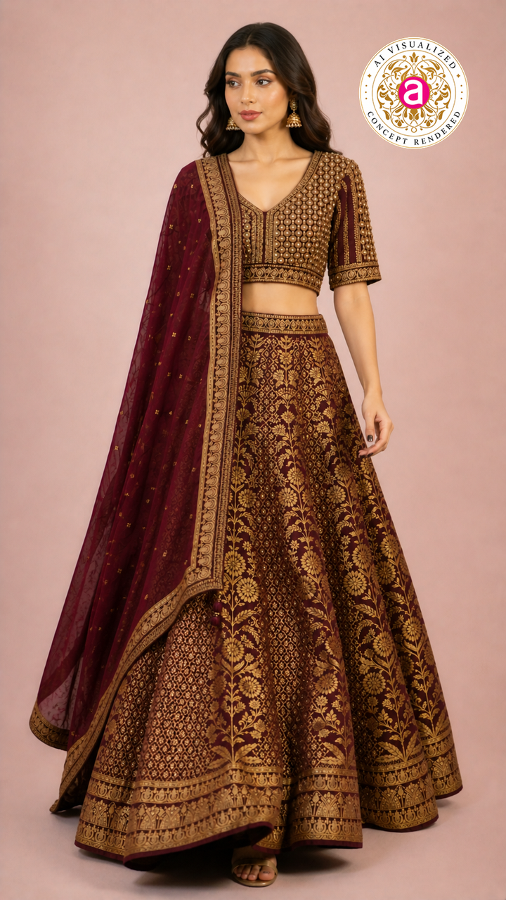 Maroon & Gold Banarasi Designer Lehenga Choli with Woven Dupatta