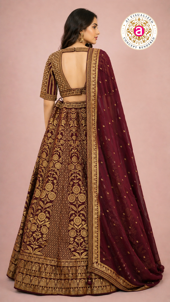 Maroon & Gold Banarasi Designer Lehenga Choli with Woven Dupatta