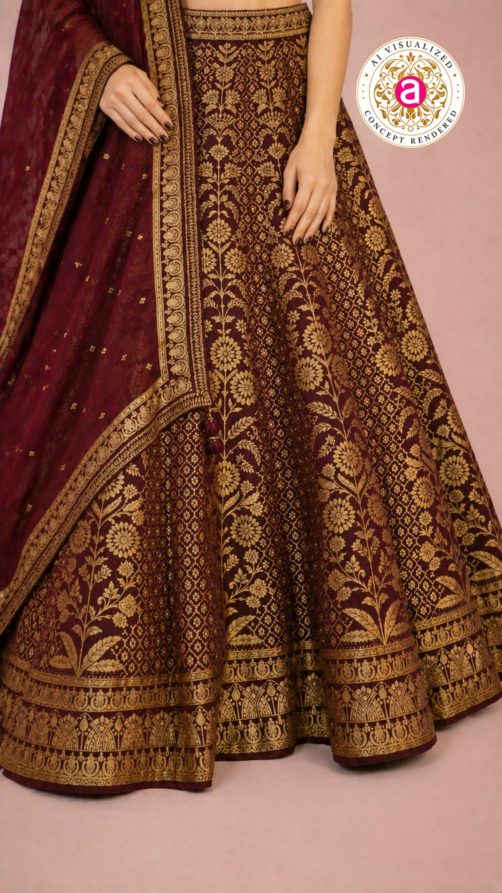 Maroon & Gold Banarasi Designer Lehenga Choli with Woven Dupatta