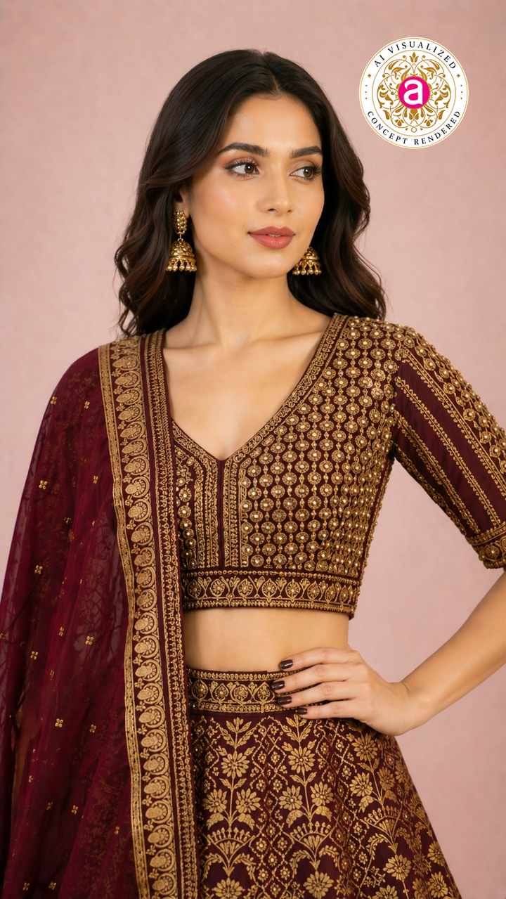Maroon & Gold Banarasi Designer Lehenga Choli with Woven Dupatta