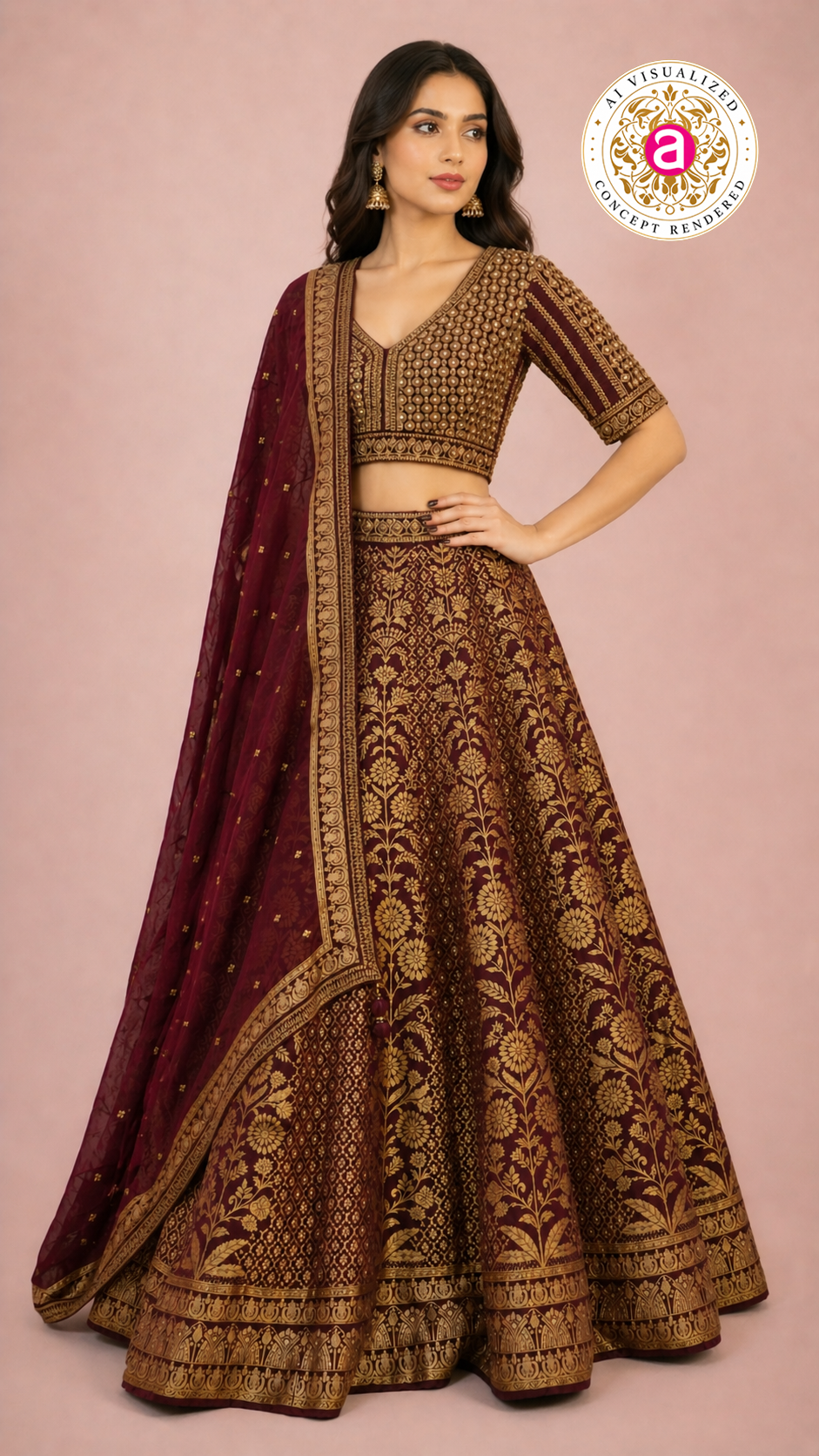 Maroon & Gold Banarasi Designer Lehenga Choli with Woven Dupatta