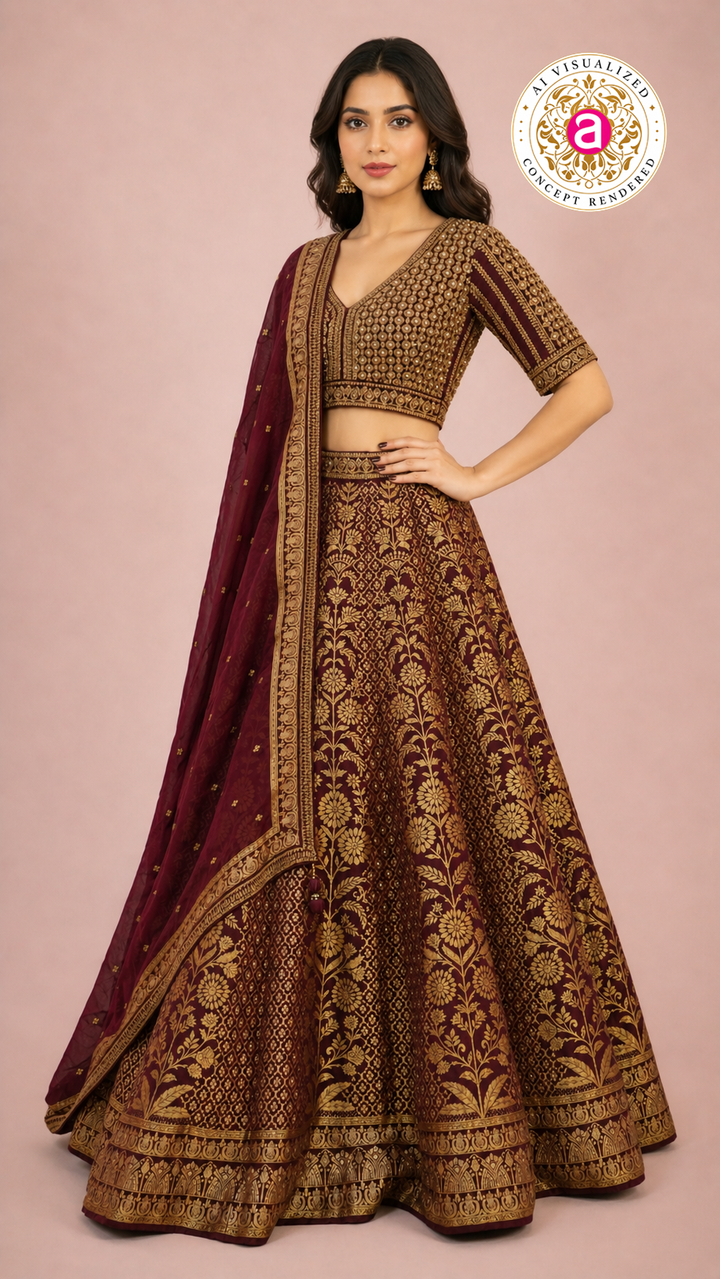 Maroon & Gold Banarasi Designer Lehenga Choli with Woven Dupatta