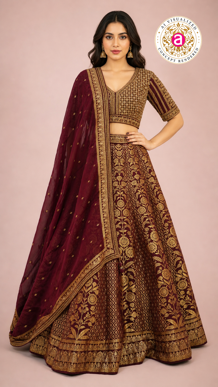 Maroon & Gold Banarasi Designer Lehenga Choli with Woven Dupatta