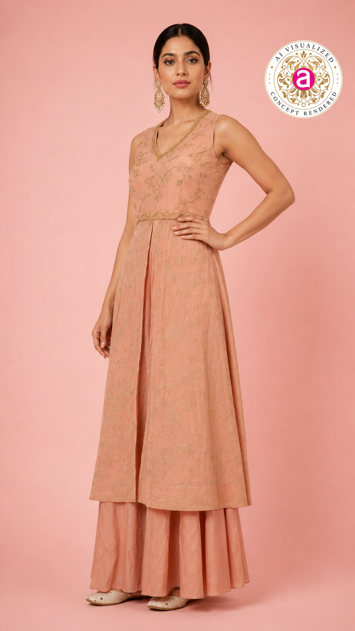 Peach Handwork Anarkali Kurta with Palazzo Set