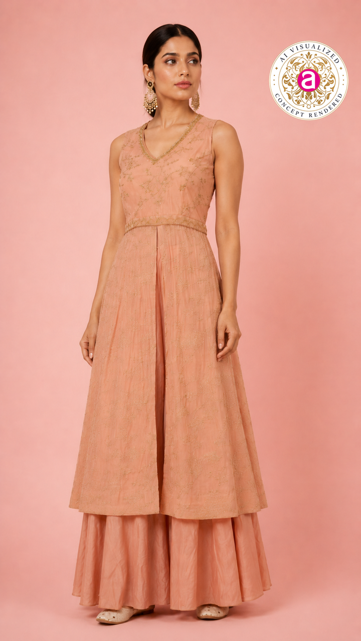Peach Handwork Anarkali Kurta with Palazzo Set
