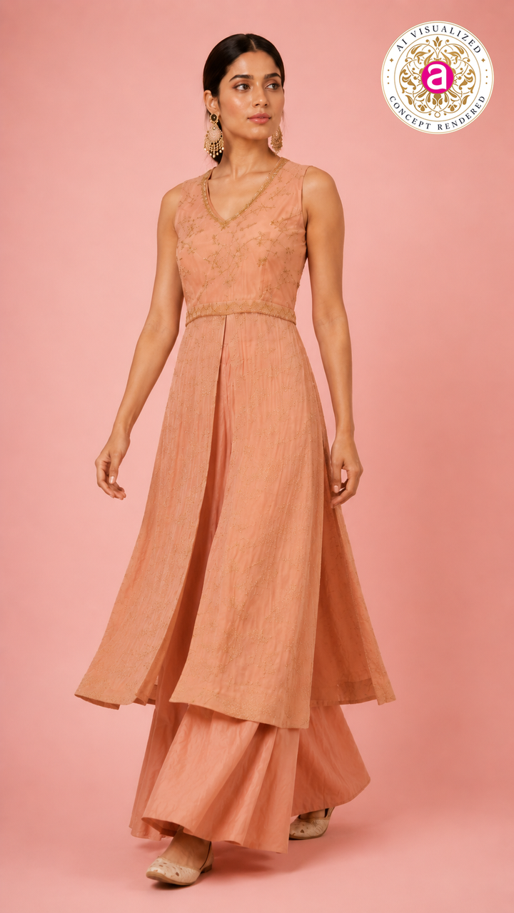 Peach Handwork Anarkali Kurta with Palazzo Set