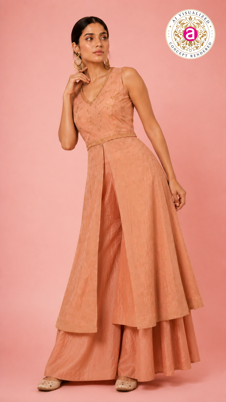 Peach Handwork Anarkali Kurta with Palazzo Set