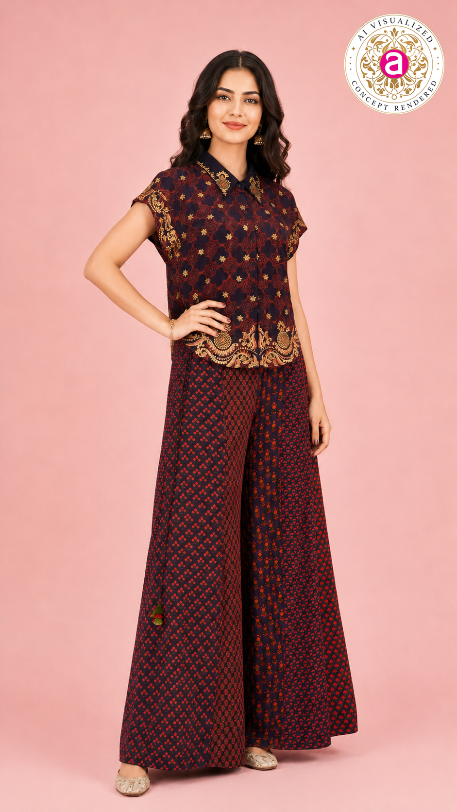 Printed Indo-Western Co-Ord Set with Designer Shirt Top