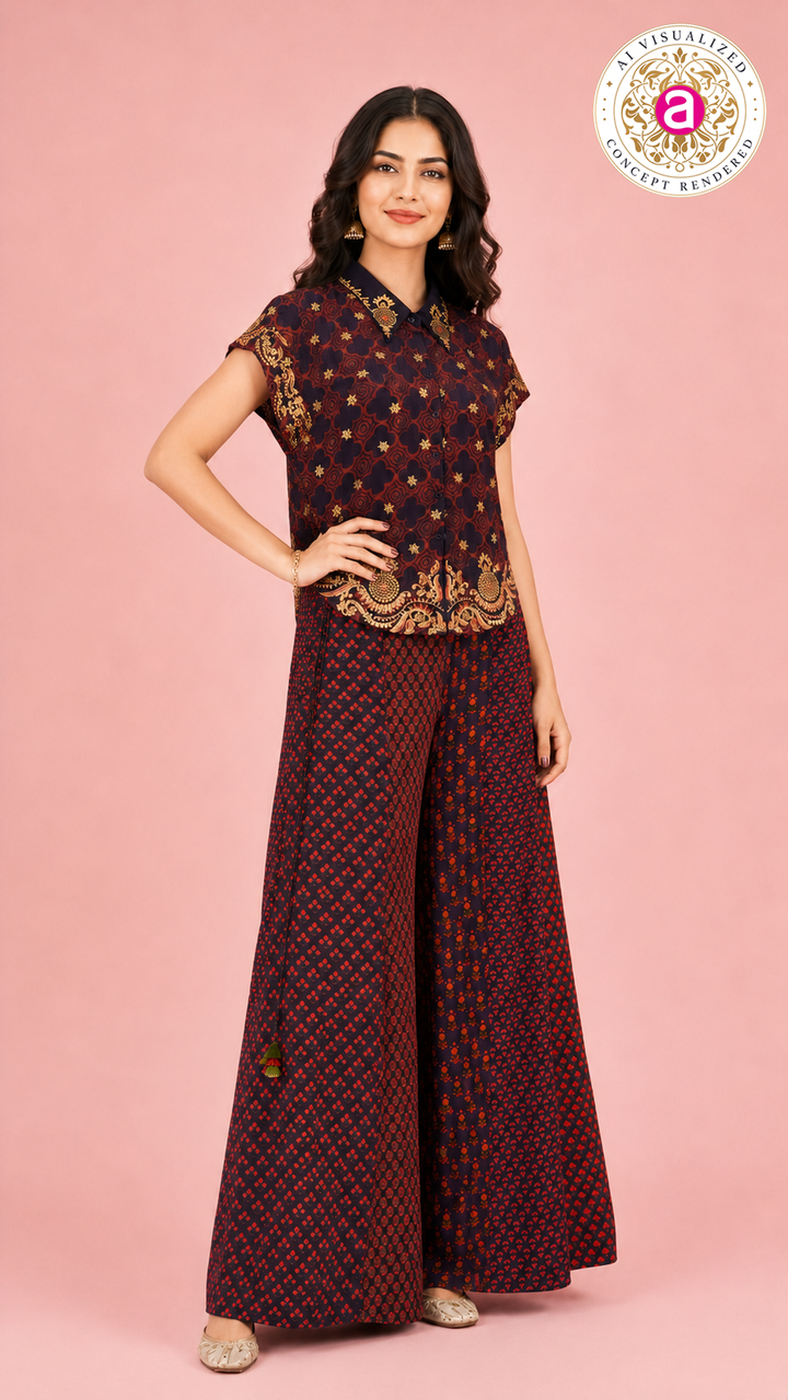 Printed Indo-Western Co-Ord Set with Designer Shirt Top