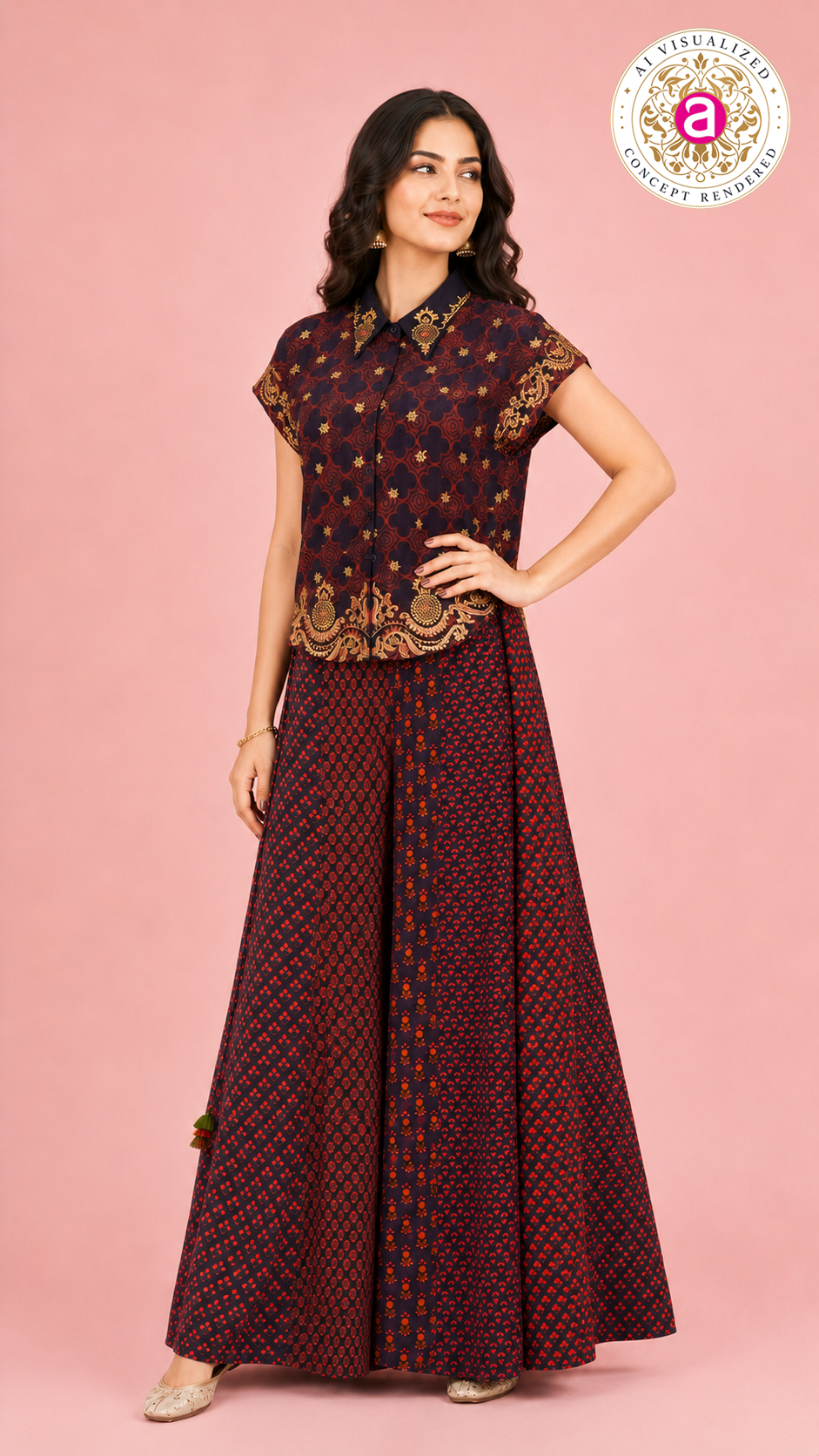 Printed Indo-Western Co-Ord Set with Designer Shirt Top