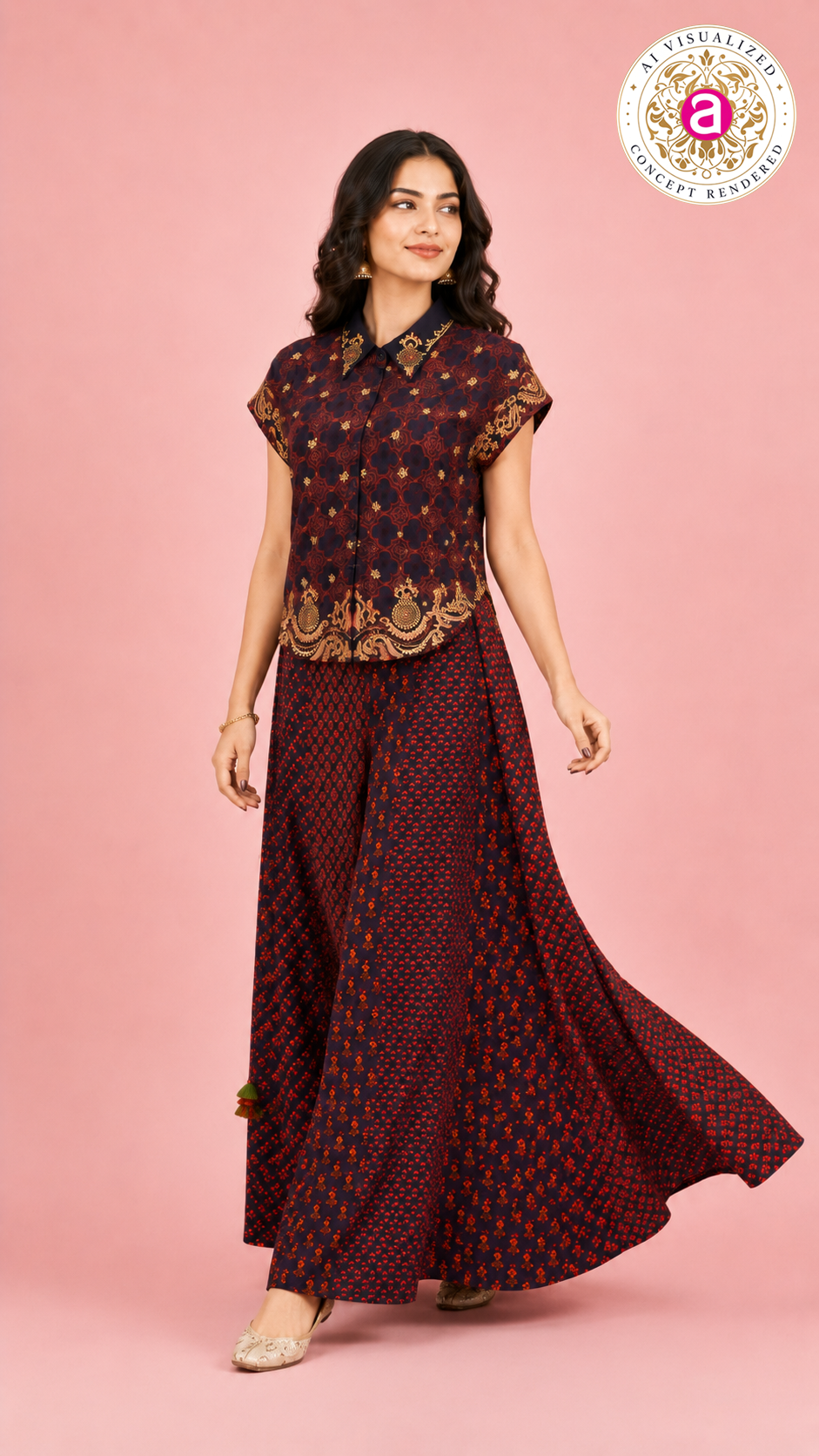 Printed Indo-Western Co-Ord Set with Designer Shirt Top