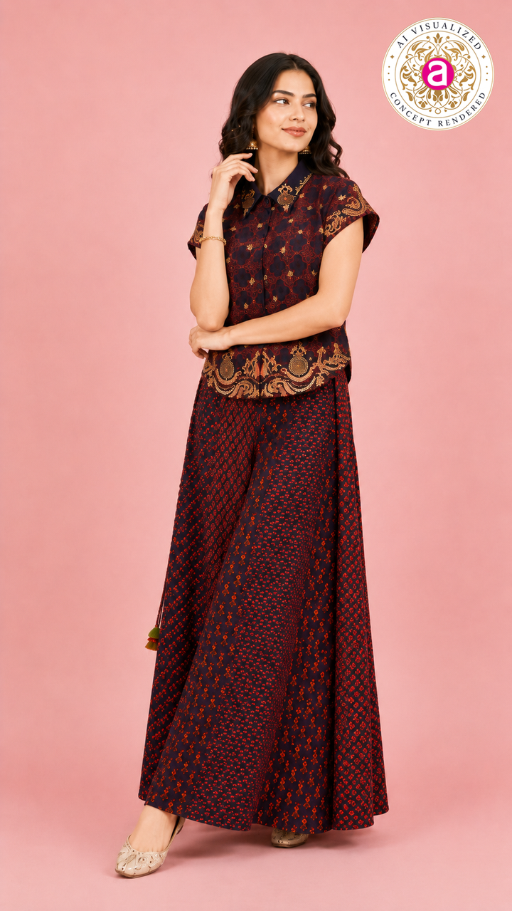 Printed Indo-Western Co-Ord Set with Designer Shirt Top