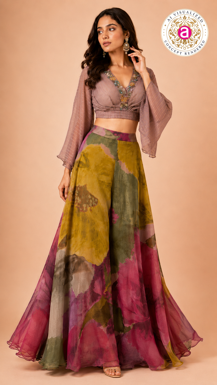 Floral Printed Palazzo Set with Embellished Crop Top