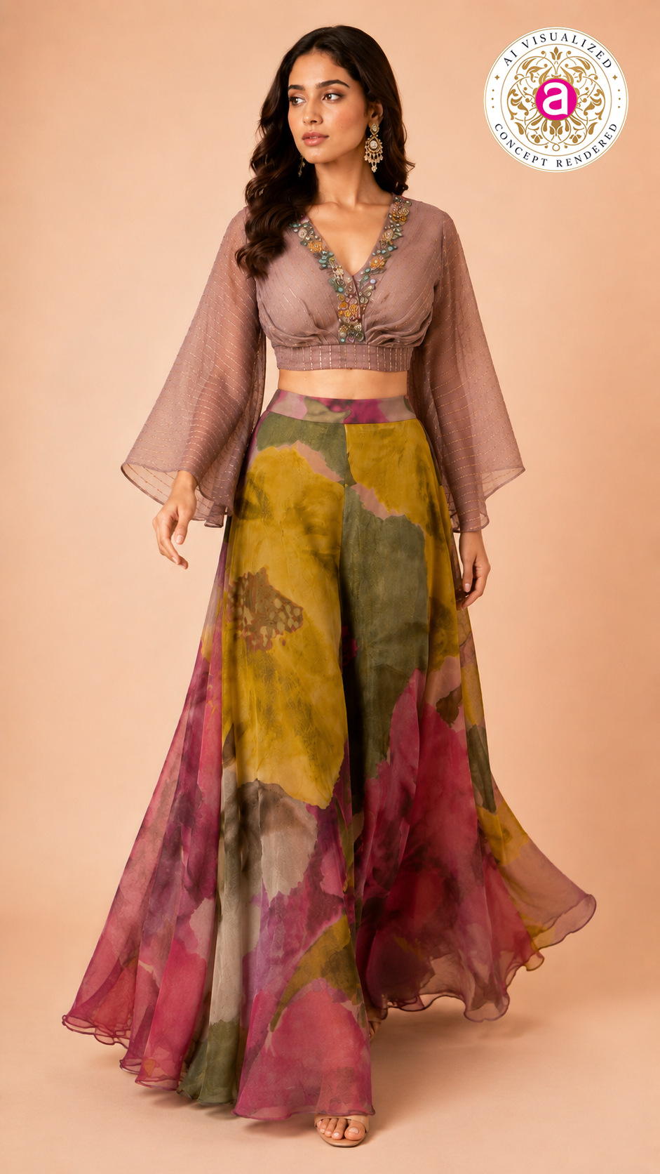 Floral Printed Palazzo Set with Embellished Crop Top