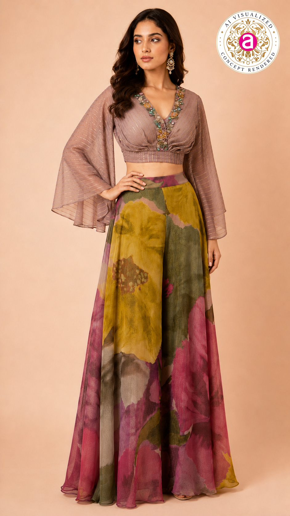 Floral Printed Palazzo Set with Embellished Crop Top