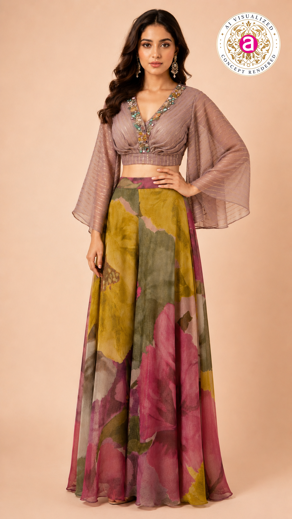 Floral Printed Palazzo Set with Embellished Crop Top
