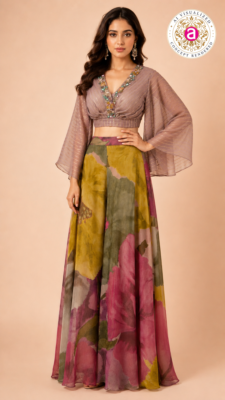 Floral Printed Palazzo Set with Embellished Crop Top