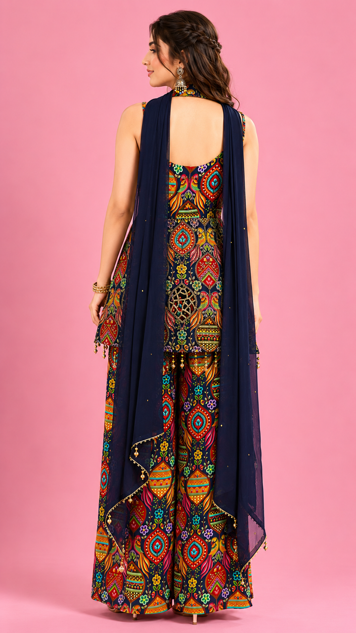 Multicolor Printed Indo-Western Pant Set with Dupatta