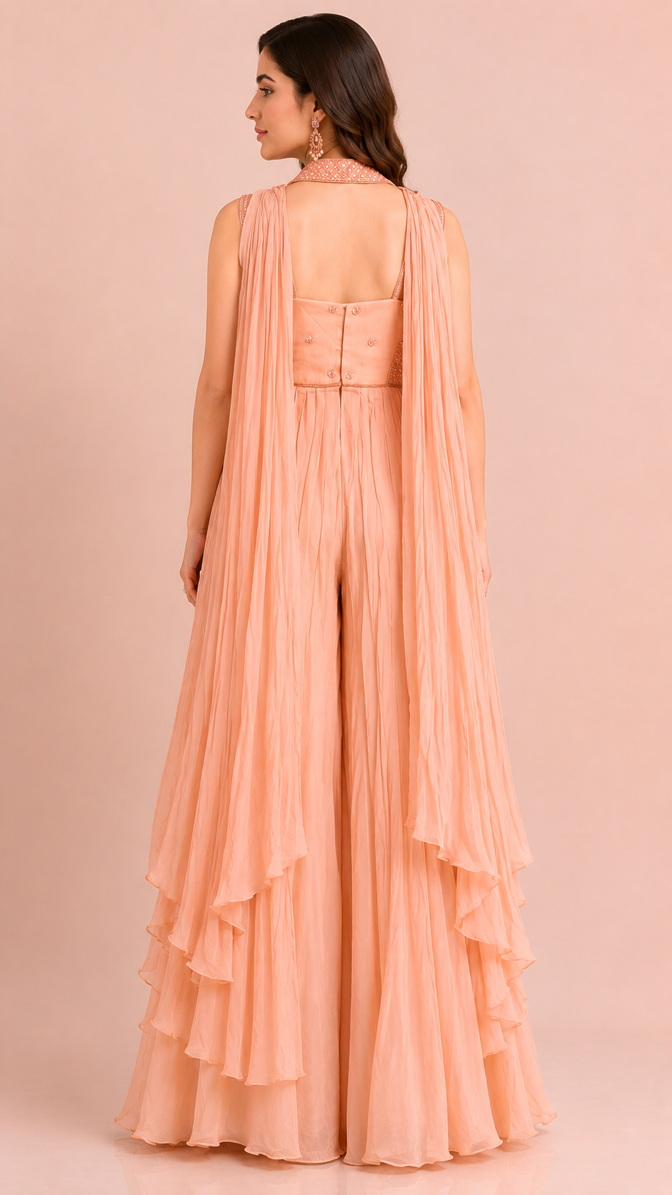 Peach Embellished Palazzo Set with Layered Cape