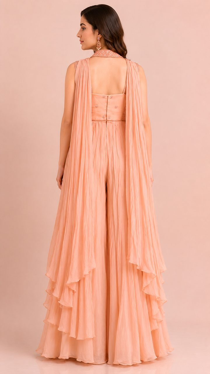 Peach Embellished Palazzo Set with Layered Cape
