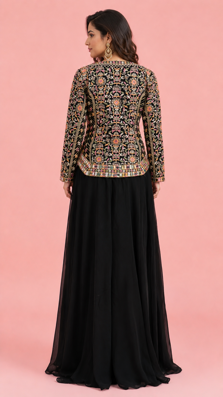 Black Handwork Embroidered Jacket Style Gown Set