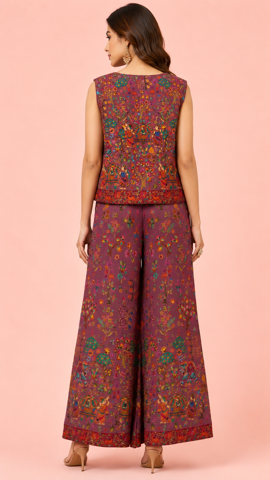 Mauve Stone Work Palazzo Set with Crop Top & Jacket