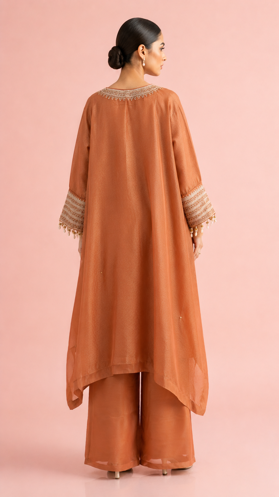 Rust Orange Kaftan Style Kurta Palazzo Set with Dupatta
