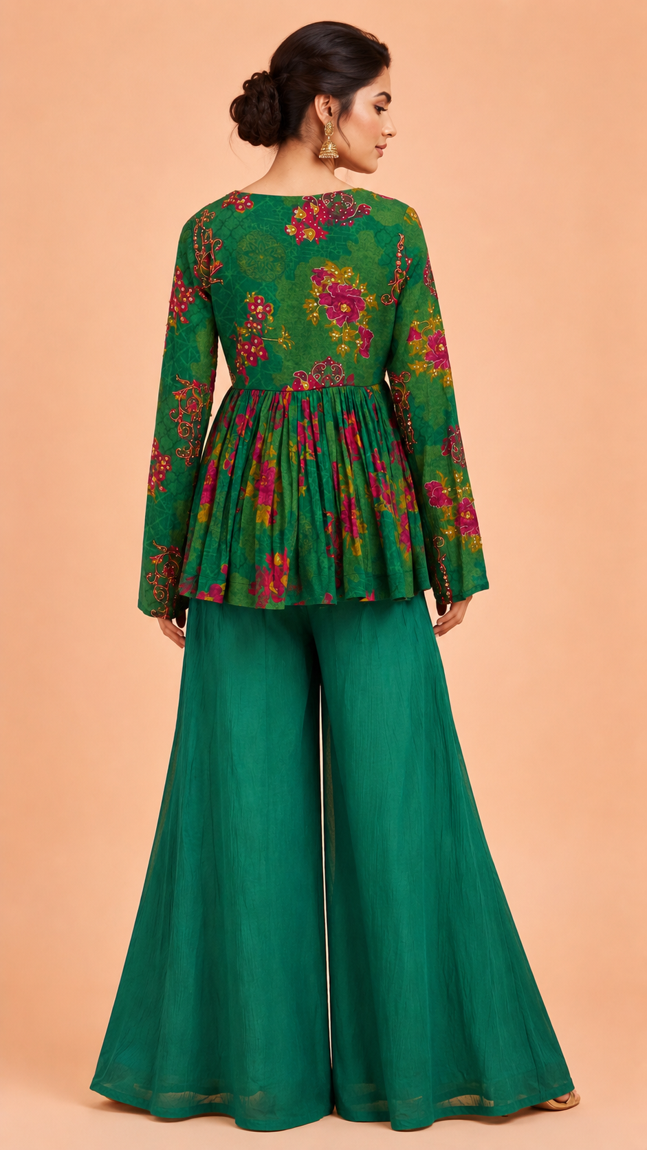 Teal Floral Printed Peplum Top with Palazzo Set