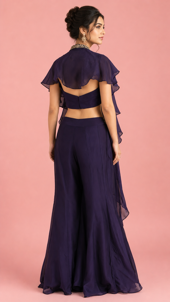 Purple Handwork Palazzo Set with Ruffle Cape Jacket