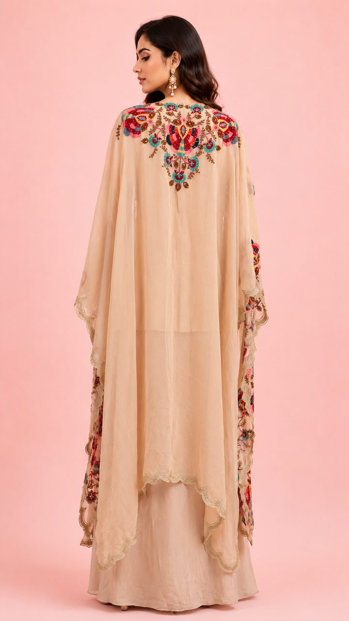 Peach Embroidered Palazzo Set with Handwork Cape Dupatta