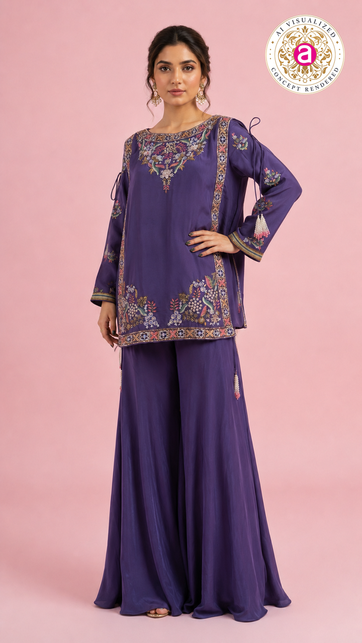 Embroidered Purple Palazzo Suit Set with Floral Handwork