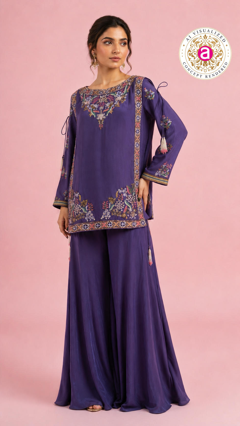 Embroidered Purple Palazzo Suit Set with Floral Handwork