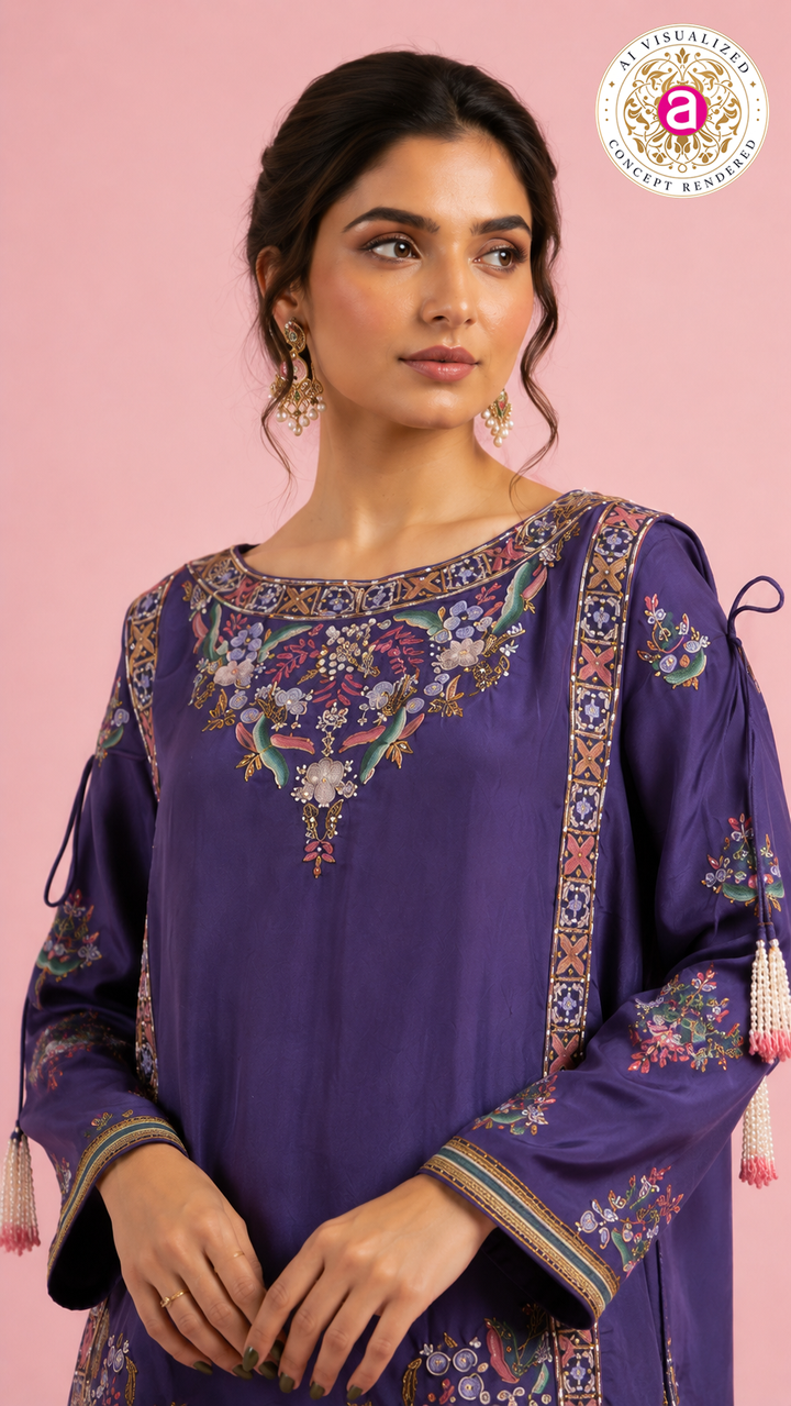 Embroidered Purple Palazzo Suit Set with Floral Handwork