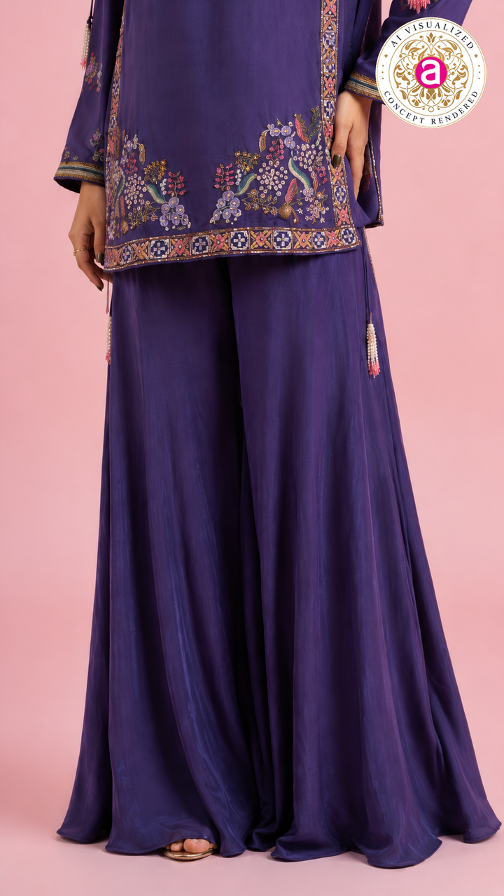 Embroidered Purple Palazzo Suit Set with Floral Handwork