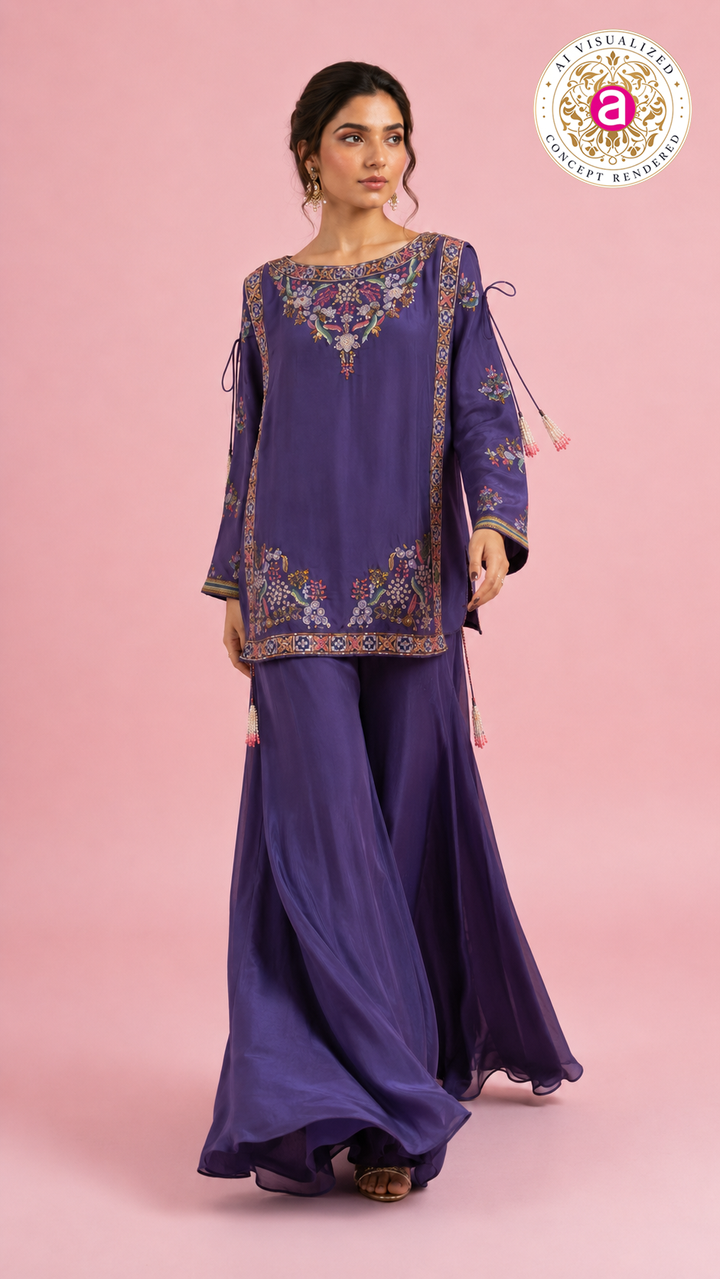 Embroidered Purple Palazzo Suit Set with Floral Handwork