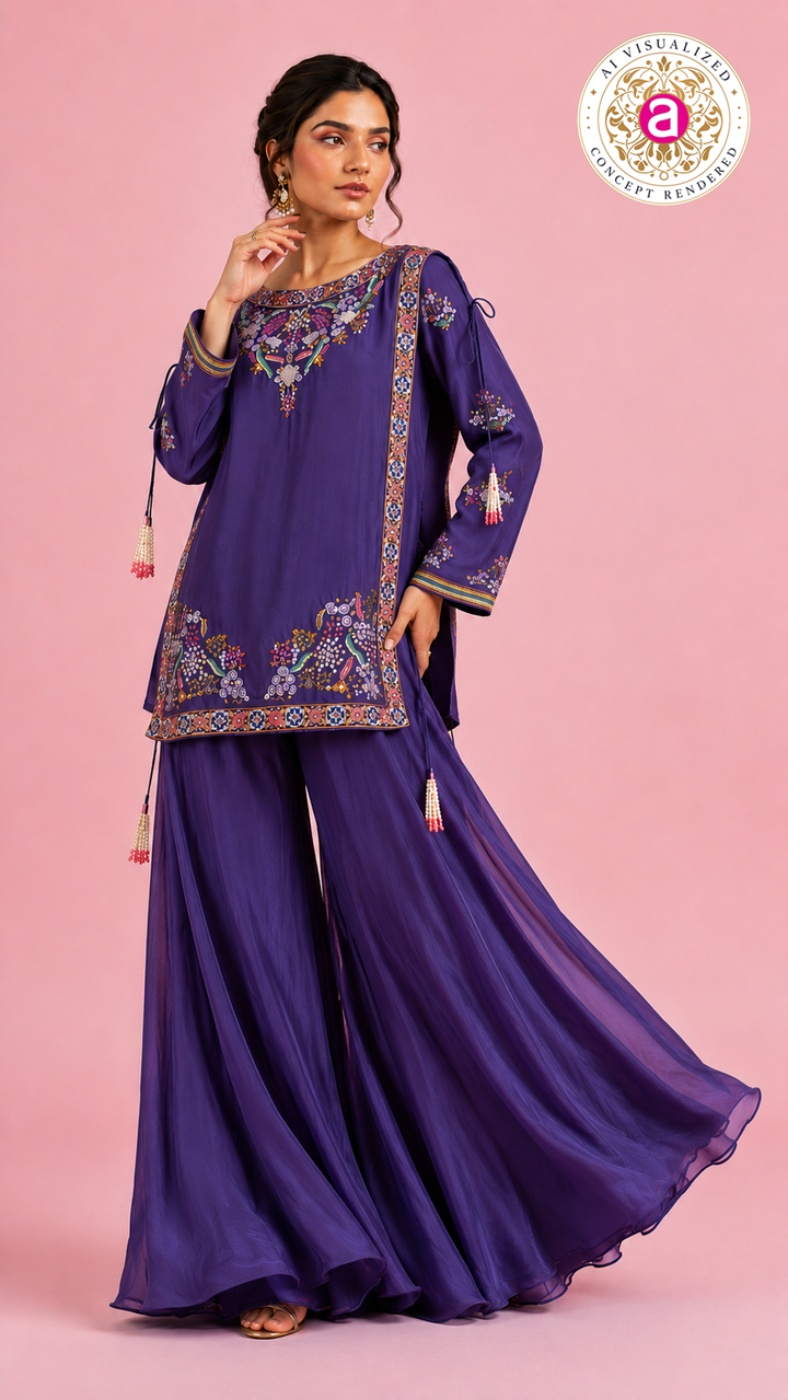 Embroidered Purple Palazzo Suit Set with Floral Handwork