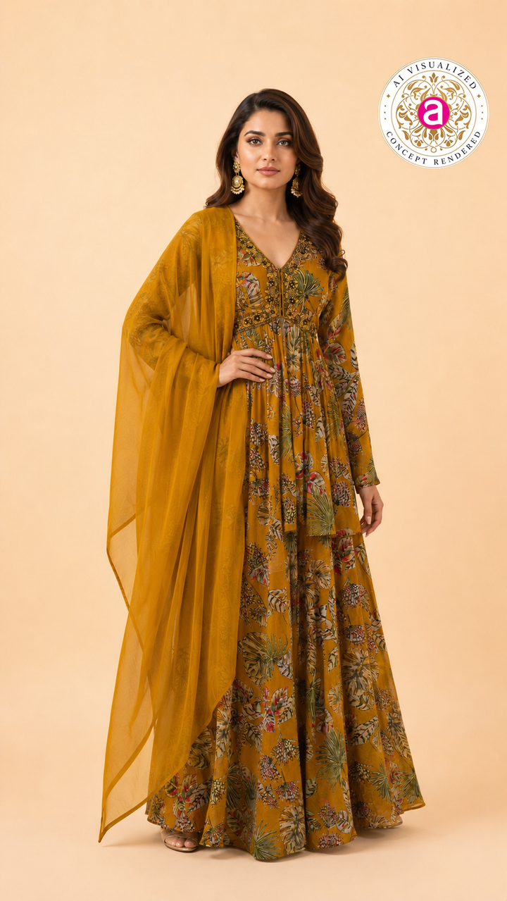 Mustard Floral Printed Palazzo with Peplum Set