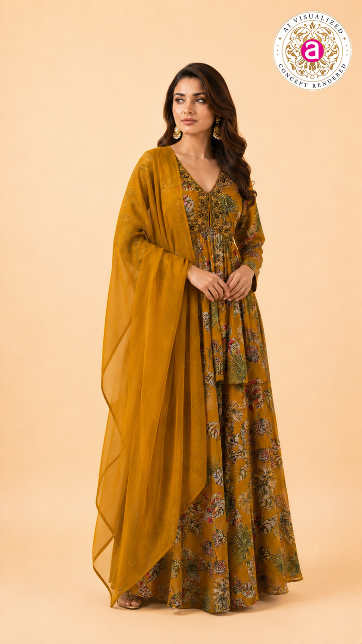 Mustard Floral Printed Palazzo with Peplum Set