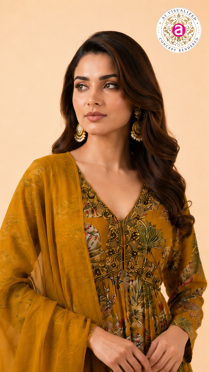 Mustard Floral Printed Palazzo with Peplum Set