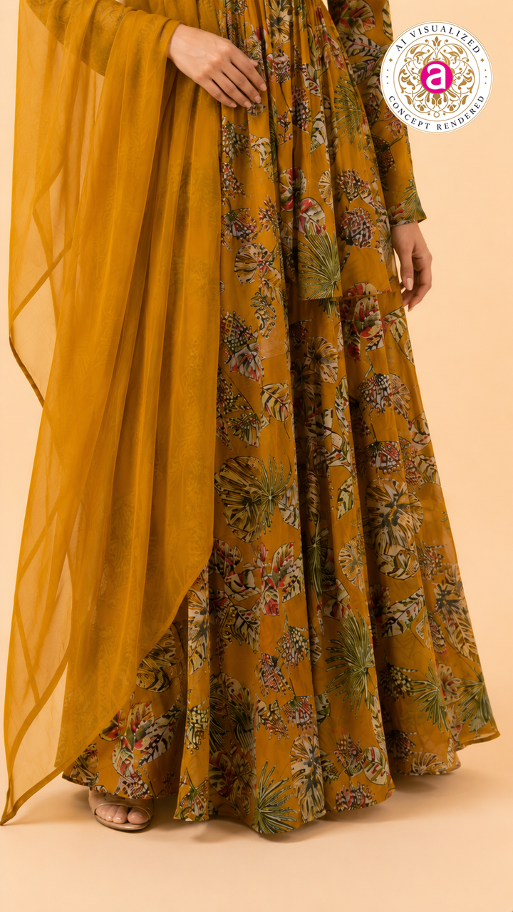 Mustard Floral Printed Palazzo with Peplum Set