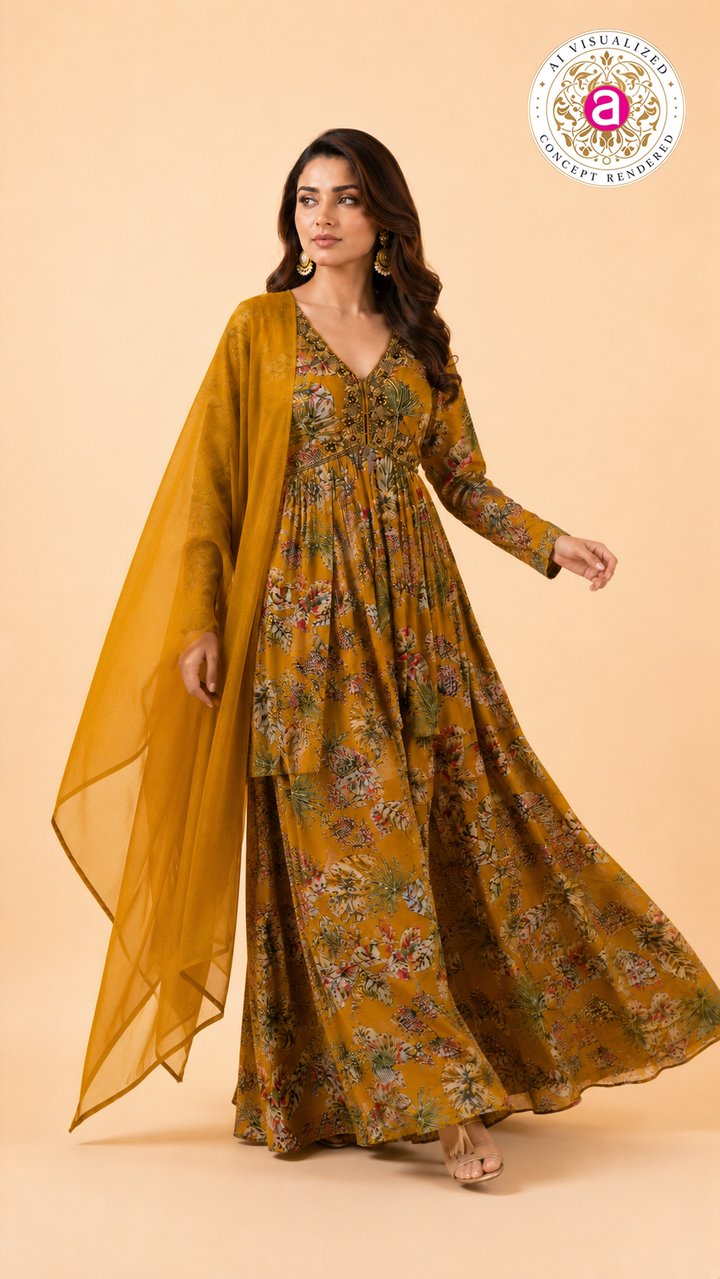 Mustard Floral Printed Palazzo with Peplum Set
