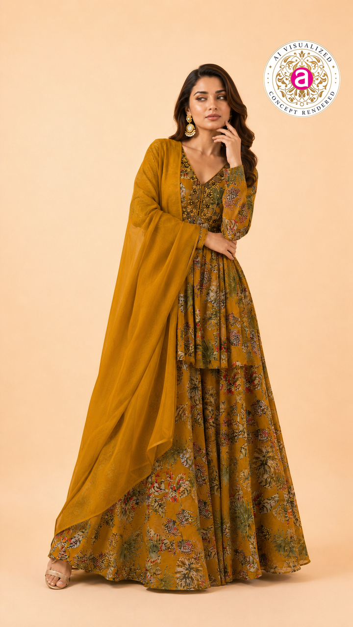 Mustard Floral Printed Palazzo with Peplum Set