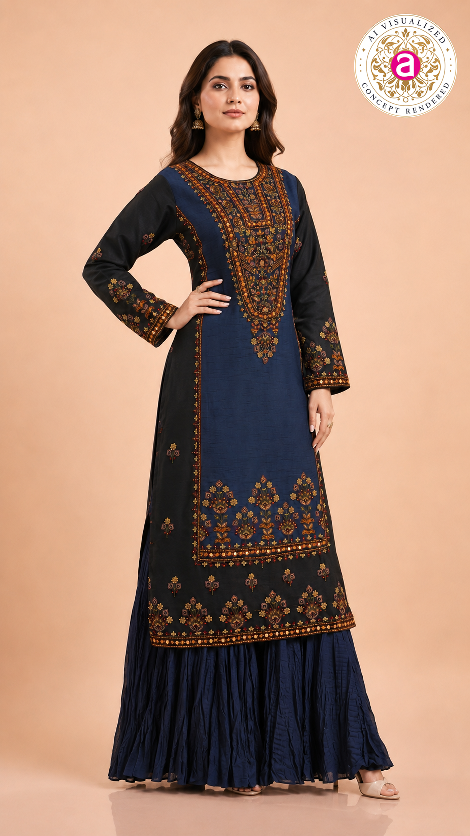 Navy Blue Embroidered Kurti with Sharara Set