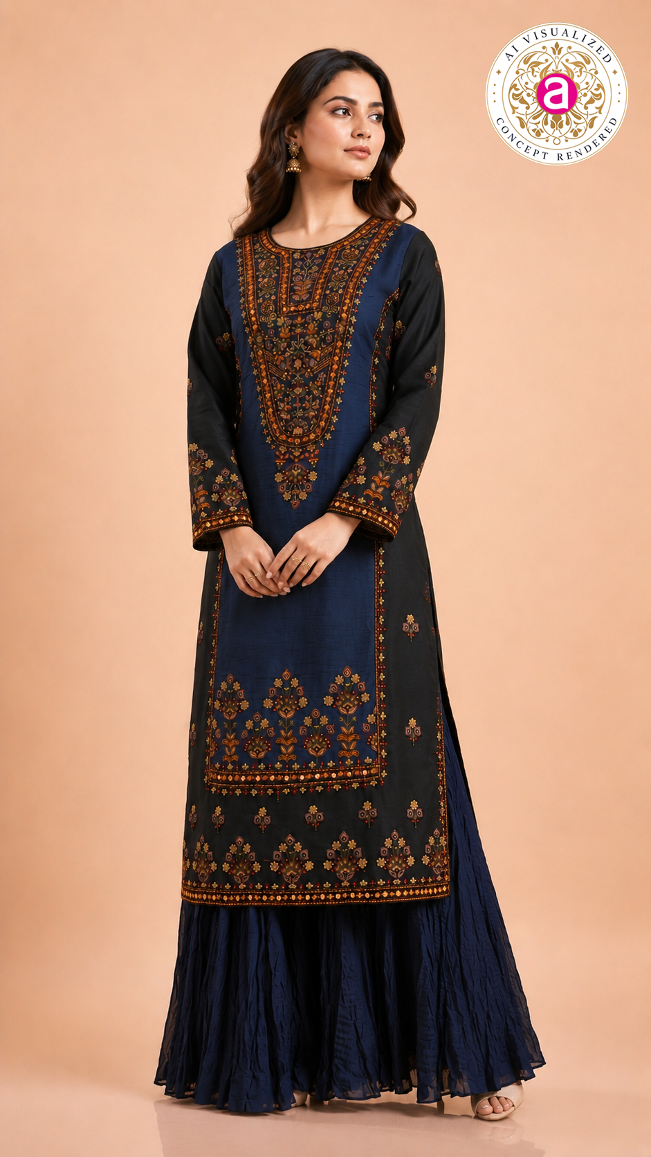 Navy Blue Embroidered Kurti with Sharara Set
