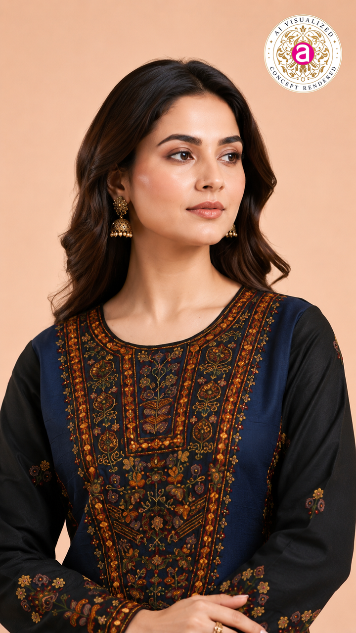 Navy Blue Embroidered Kurti with Sharara Set
