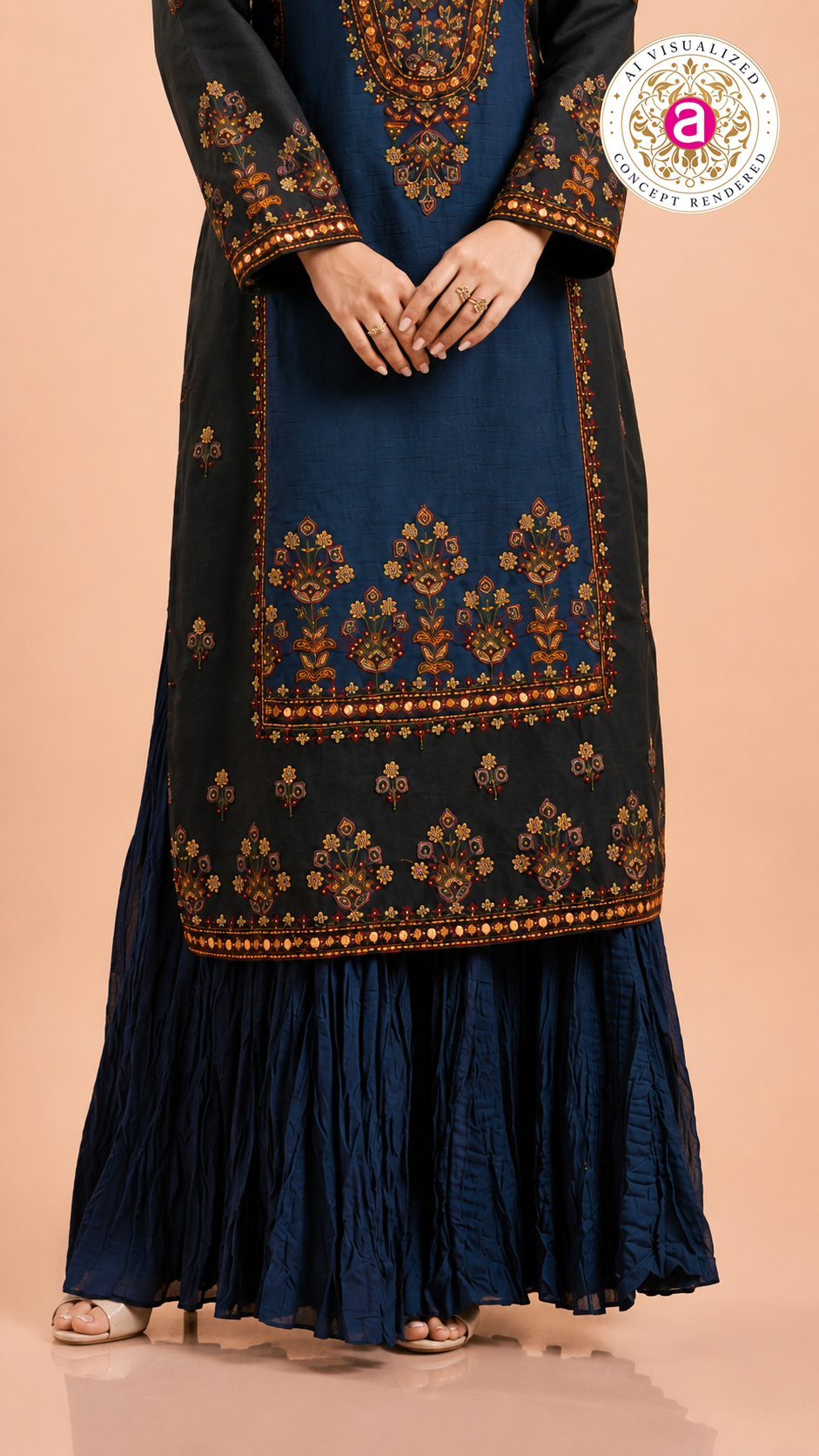 Navy Blue Embroidered Kurti with Sharara Set