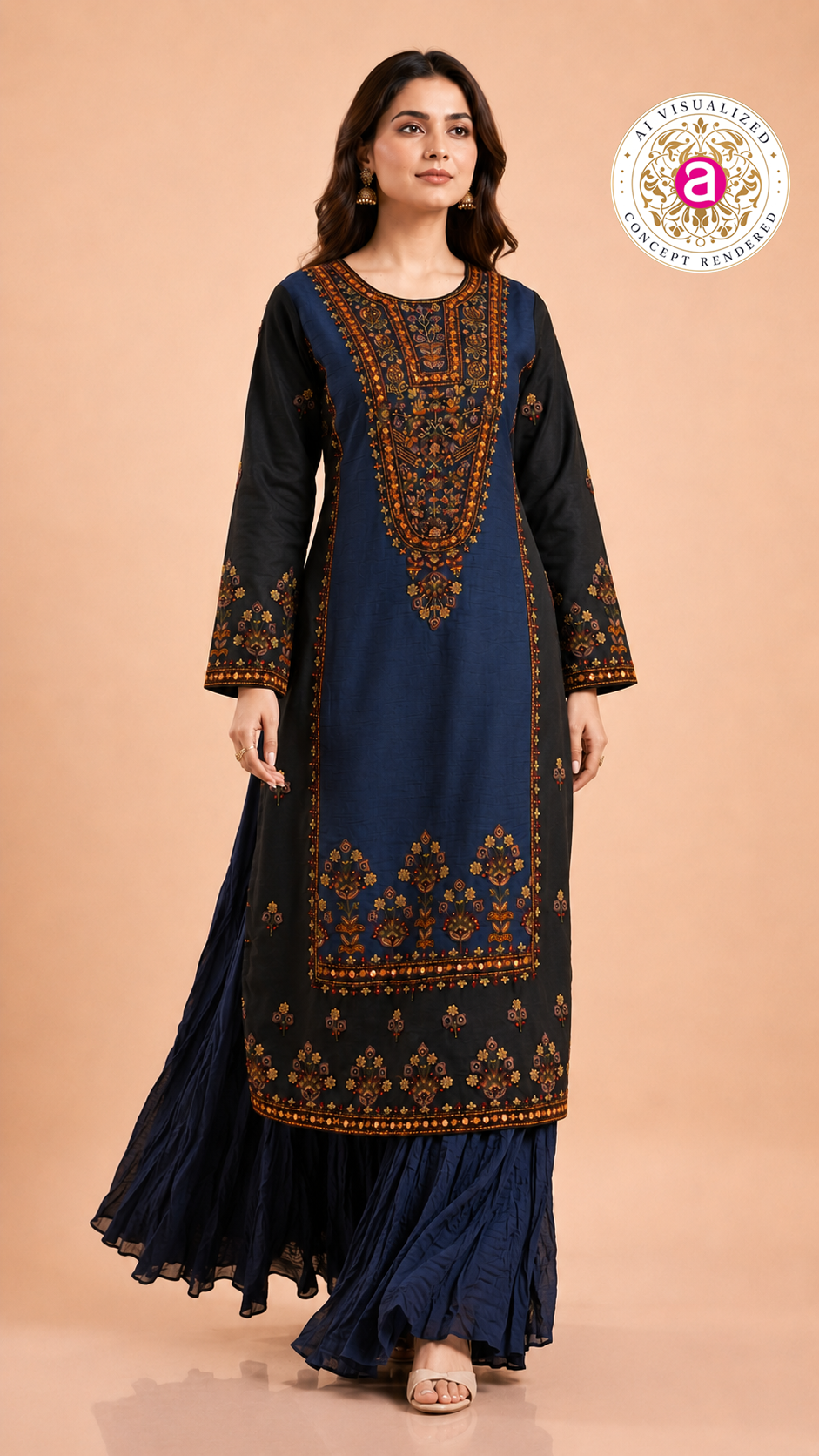Navy Blue Embroidered Kurti with Sharara Set