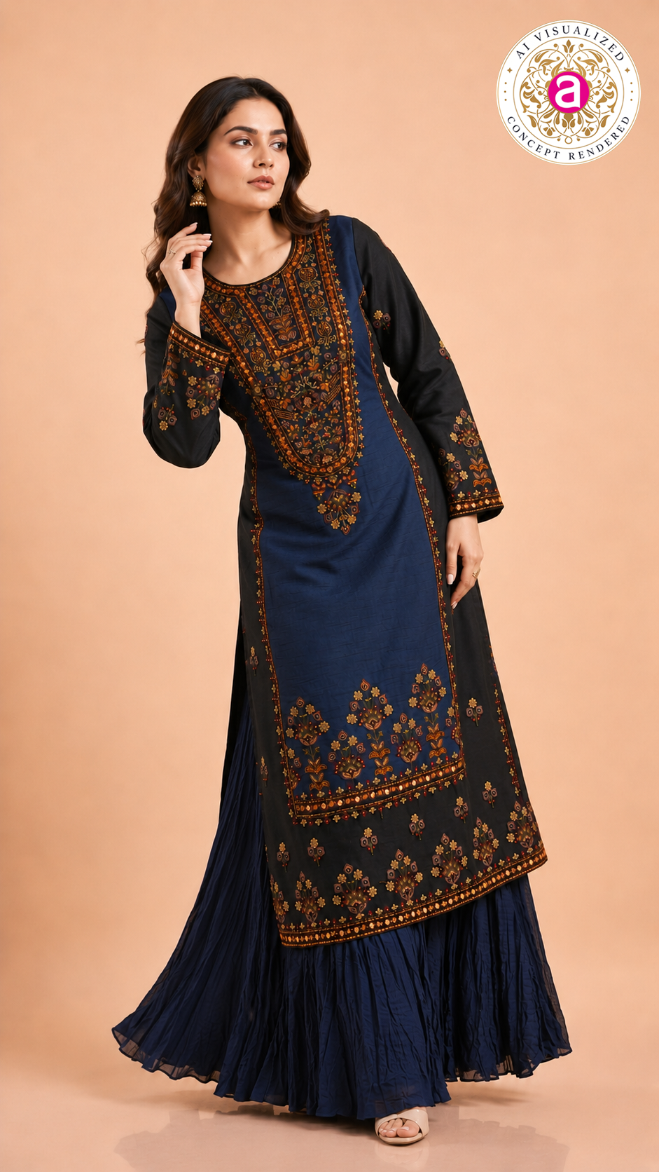 Navy Blue Embroidered Kurti with Sharara Set