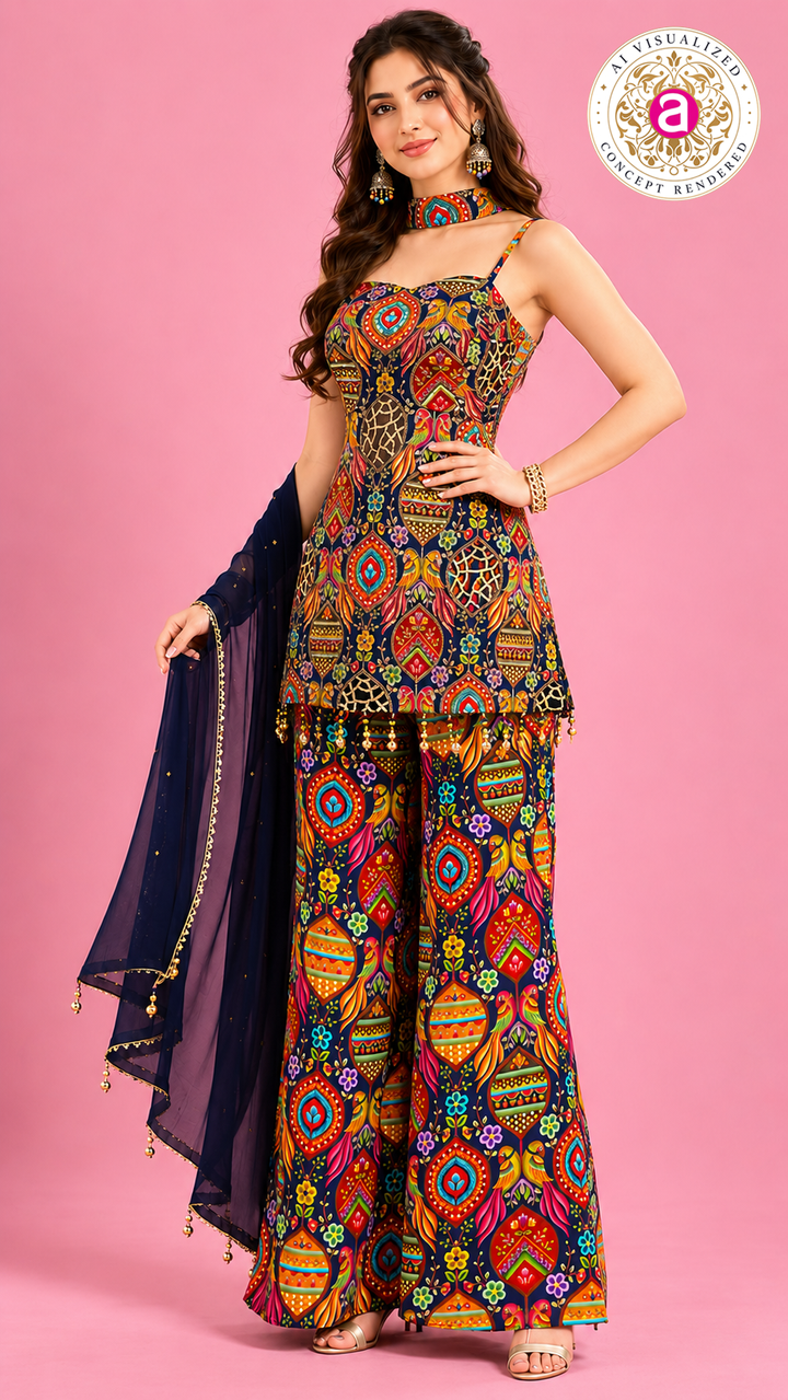 Multicolor Printed Indo-Western Pant Set with Dupatta