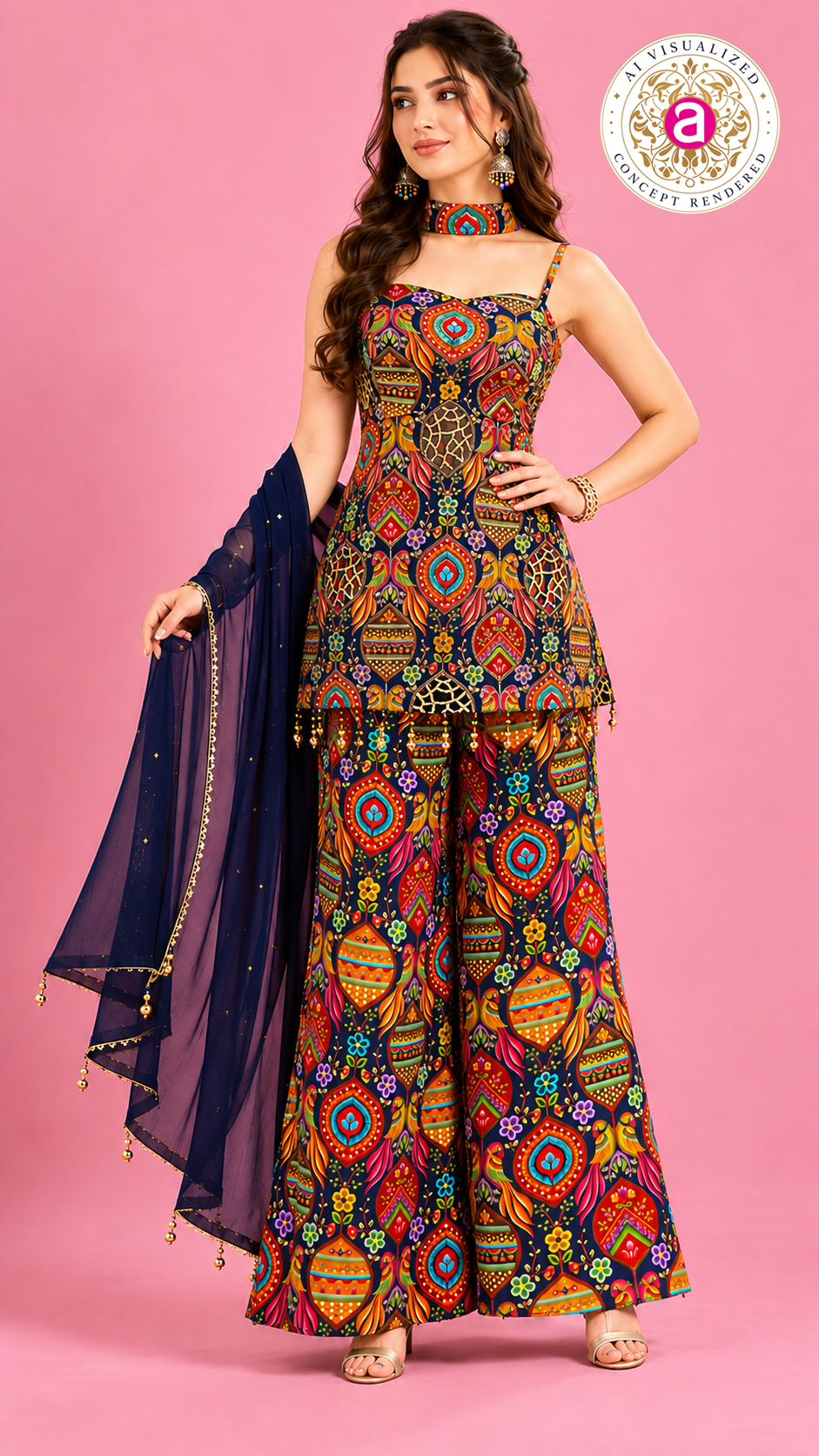 Multicolor Printed Indo-Western Pant Set with Dupatta